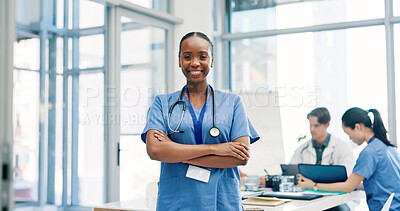 Buy stock photo Crossed arms, meeting and portrait of nurse in hospital for medical support, health service and teamwork. Healthcare, clinic and happy woman with doctors for planning, surgery schedule and discussion