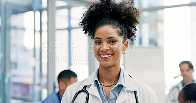 Buy stock photo Happy, woman and portrait of doctor in hospital with confidence for career in medical service. Smile, professional and female cardiologist with pride for about us with healthcare help in clinic.