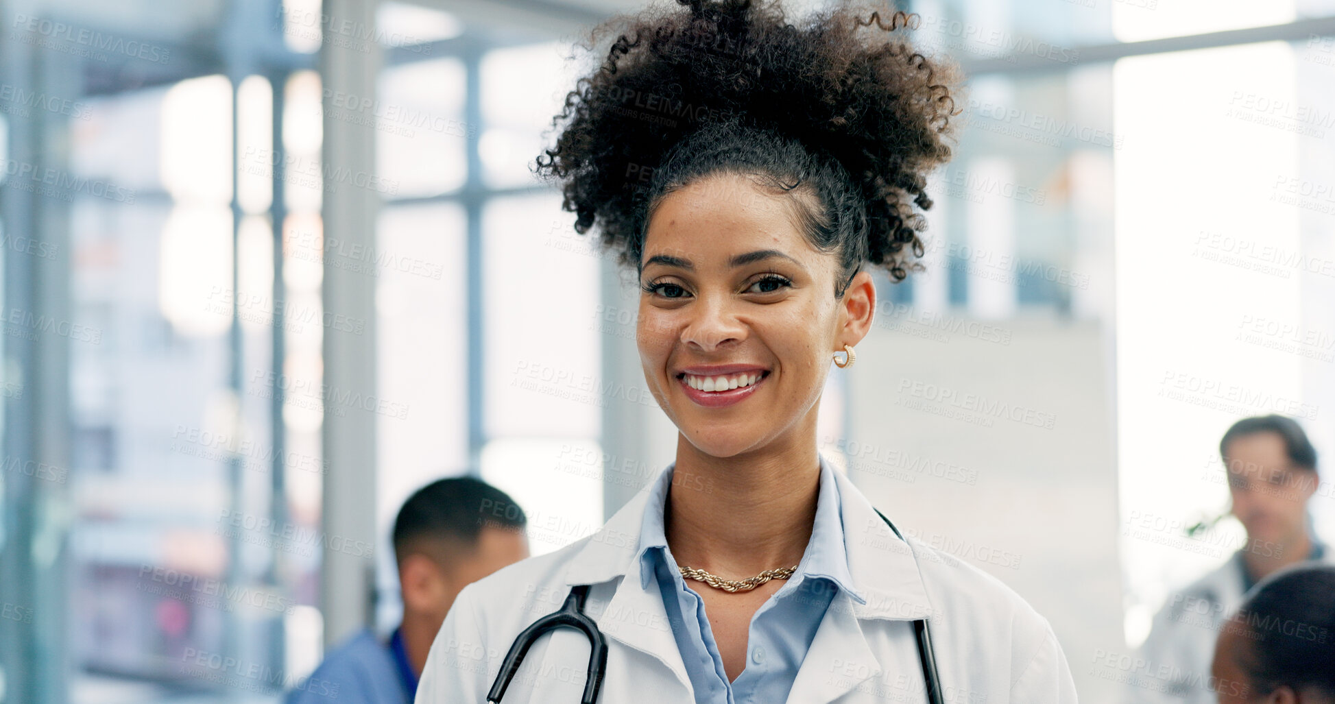 Buy stock photo Happy, woman and portrait of doctor in hospital with confidence for career in medical service. Smile, professional and female cardiologist with pride for about us with healthcare help in clinic.
