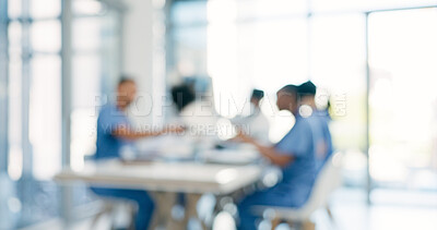 Buy stock photo Blur, boardroom and meeting with people in hospital for discussion, healthcare or planning. Collaboration, doctors and nurses in clinic together for conversation, development or medical training