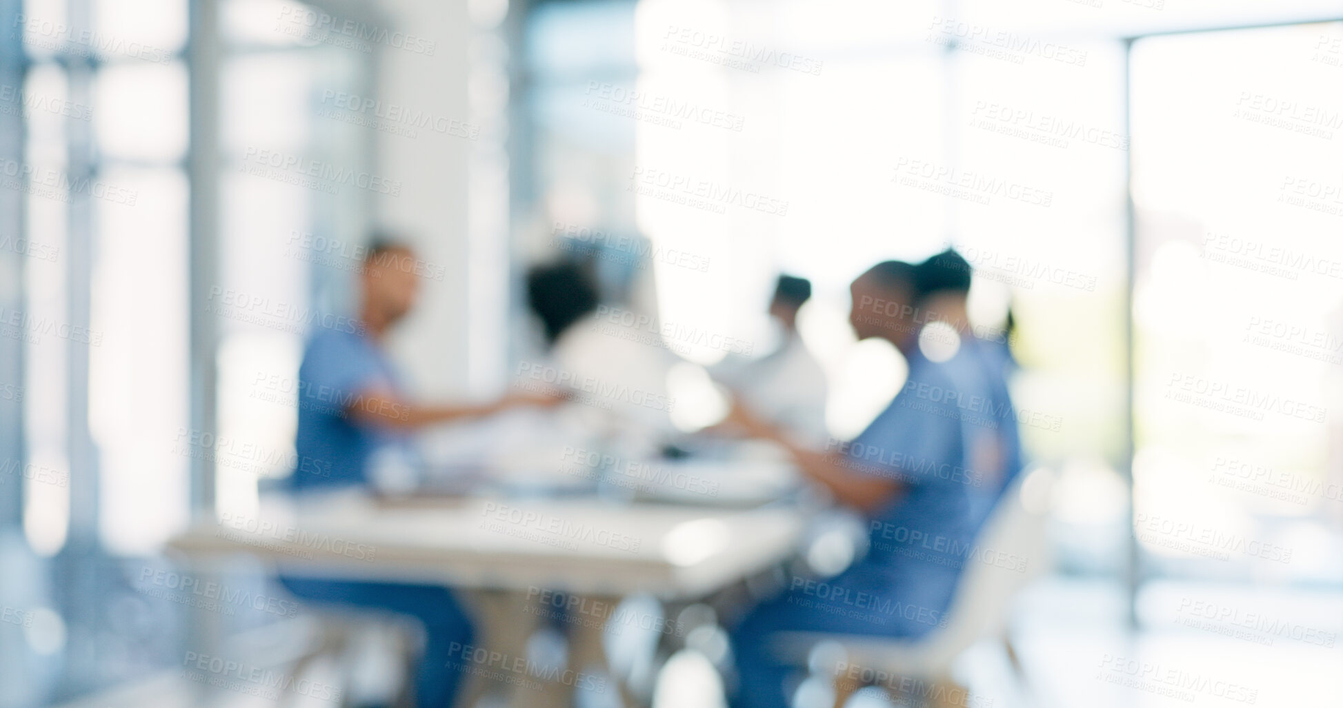 Buy stock photo Blur, boardroom and meeting with people in hospital for discussion, healthcare or planning. Collaboration, doctors and nurses in clinic together for conversation, development or medical training