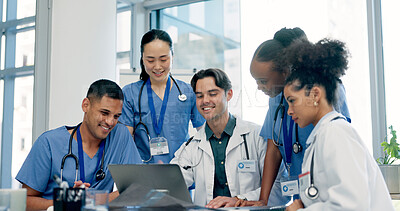 Buy stock photo Doctor, team and review in hospital with laptop, medical records or research for patient test results. Healthcare worker, people and meeting in clinic with computer, collaboration or diagnosis advice