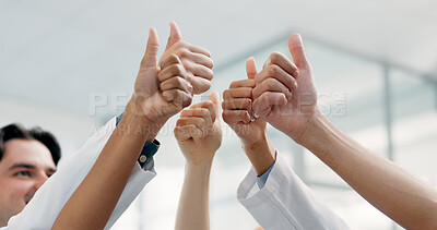 Buy stock photo Doctors, group and thumbs up for healthcare in clinic, collaboration and celebration for achievement. Hospital, team and support for health services, agreement and hand gesture for medical success