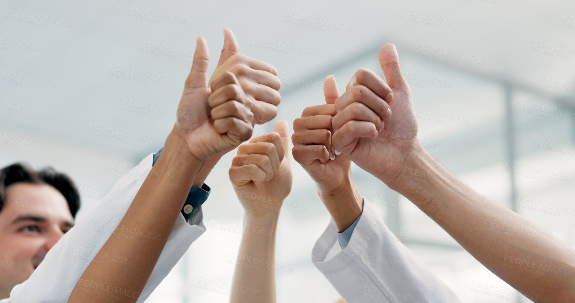 Buy stock photo Doctors, group and thumbs up for healthcare in clinic, collaboration and celebration for achievement. Hospital, team and support for health services, agreement and hand gesture for medical success