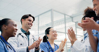 Buy stock photo Doctors, nurses and applause in hospital for healthcare, medical achievement and team support. People, cardiology department and clapping in clinic for collaboration, surgery success and announcement