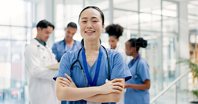 Buy stock photo Woman, meeting and portrait of nurse in hospital for medical support, smile and help in uniform. Healthcare, clinic and person with confidence, pride and arms crossed for career, job or surgery plan