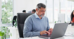 Man, realtor or laptop in office for email, update property listing or schedule planning at desk. Coworking, mature real estate agent or tech in agency for research with website info for virtual tour
