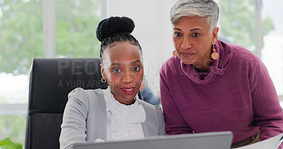 Buy stock photo Manager, talk and people in office with laptop, risk assessment feedback and insurance premium advice. Management, women and review in business with computer, teamwork and opinion for policy claims.