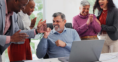Buy stock photo People, applause and fist bump in office with laptop, sales achievement and congratulations for bonus. Happy, team clapping or celebration in business with computer, profit or success for job reward.