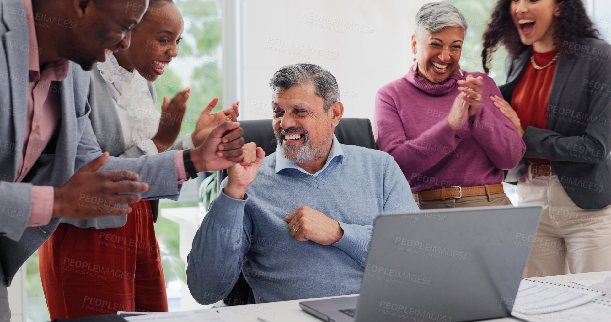 Buy stock photo People, applause and fist bump in office with laptop, sales achievement and congratulations for bonus. Happy, team clapping or celebration in business with computer, profit or success for job reward.