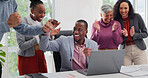 Team, applause or fist bump in office with laptop, sales achievement or collaboration for work bonus. Happy, people clapping or celebration in business with computer, profit or success for job reward