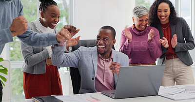 Buy stock photo Team, applause or fist bump in office with laptop, sales achievement or collaboration for work bonus. Happy, people clapping or celebration in business with computer, profit or success for job reward