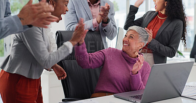 Buy stock photo Team, applause or high five in office with laptop, sales achievement or collaboration for work bonus. Happy, people clapping or celebration in business with computer, profit or success for job reward