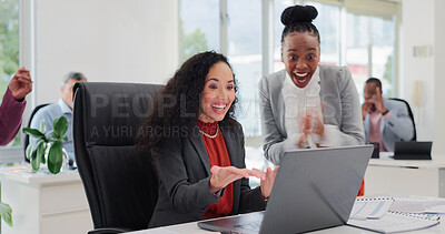 Buy stock photo Excited, people and applause in office with laptop, investment opportunity and company revenue goals. Happy, team and clapping in business with computer, funding offer and success for income growth.
