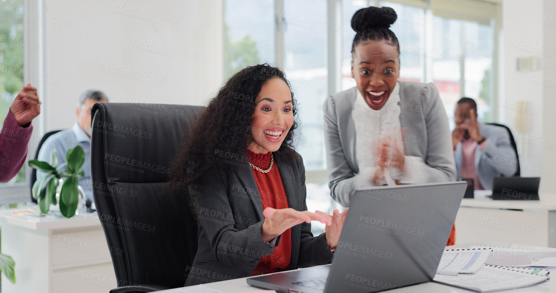 Buy stock photo Excited, people and applause in office with laptop, investment opportunity and company revenue goals. Happy, team and clapping in business with computer, funding offer and success for income growth.