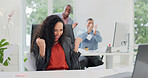 Excited, woman and fist pump in office with laptop, investment approval or team clapping for success. Happy, person and celebration in business with computer, funding offer and coworkers applause.
