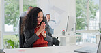 Applause, laptop and success with business woman at desk in office for celebration or victory. Clapping, computer and target with excited employee in workplace for bonus, career goals or milestone