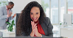 Excited, good news and businesswoman in office with winning, bonus or investment approval. Happy, clapping and financial advisor with celebration for job promotion, achievement or goal in workplace.