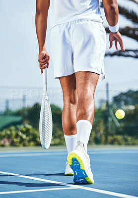 Buy stock photo Tennis, legs and man with outdoor training, practice or wellness with back on sports court. Sneakers, equipment and athlete walking with ball, gear and racket for fitness, competition or tournament