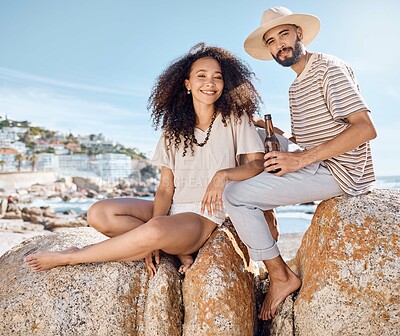 Buy stock photo Travel, portrait or couple at beach with beer, commitment or bonding together on summer holiday. Smile, man or woman with alcohol, romantic connection or healthy relationship on ocean vacation.