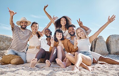 Buy stock photo Portrait, friends and people at beach with hand sign, fun and happiness with reunion or bonding in nature for travel. Men, women and freedom with diversity on shore, community and gesture on coast