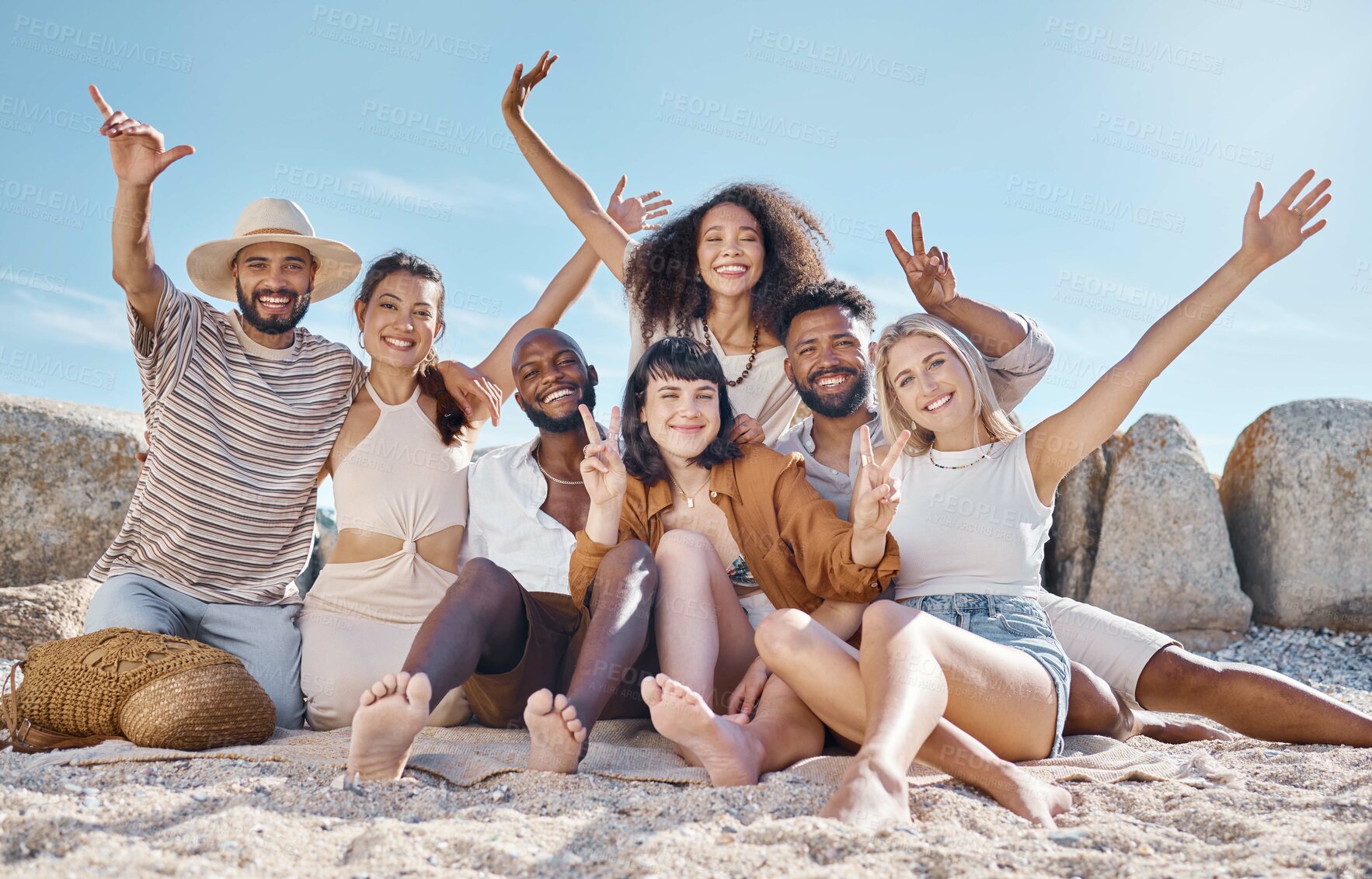 Buy stock photo Portrait, friends and people at beach with hand sign, fun and happiness with reunion or bonding in nature for travel. Men, women and freedom with diversity on shore, community and gesture on coast