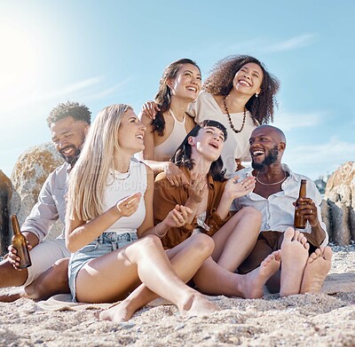 Buy stock photo Reunion, summer or friends at beach with beer, vacation or connection in weekend gathering. Sunshine, laugh or happy people at seaside with drinks, group joke or get together in outdoor getaway.
