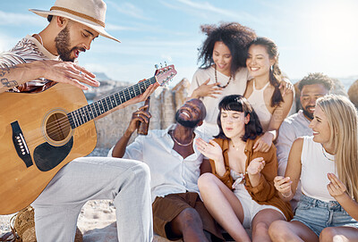 Buy stock photo Reunion, acoustic guitar or friends at beach with beer, bonding or fun entertainment on weekend break. Happy, alcohol or people with music instrument, playing song or connection in outdoor getaway.