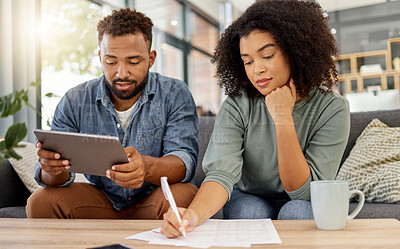 Buy stock photo Tablet, writing and couple on sofa in home for planning budget, expenses or loan application. Tech, document and man with woman for finance, bills or investment together for mortgage or insurance