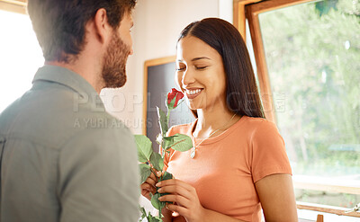Buy stock photo Happy, couple and love with roses in home for care, partner appreciation and anniversary gift. Smile, people and flowers with affection for loyalty, gratitude and romantic present on special occasion