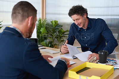 Buy stock photo Paperwork, discussion and business men in office for finance negotiation, report or conversation. Meeting, documents and male financial manager with client for investment contract in workplace.