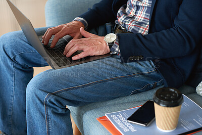 Buy stock photo Hands, man or typing on laptop in office lounge for copywriting, editing newsletter or admin. Tech, email marketer or research on work sofa for sales campaign, business proposal or project management
