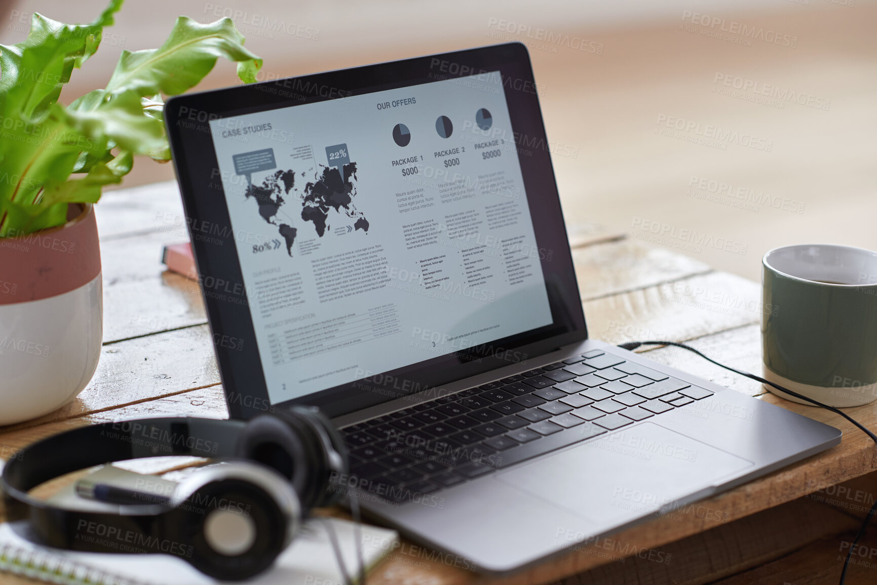 Buy stock photo Laptop screen, headphones and table with coffee in home for case study, research or information. Empty, computer or drink with notebook on desk for economic data, statistics or analytics in house