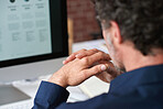 Mature businessman thinking using computer in office brainstorming male entrepreneur contemplating creative ideas planning strategy looking pensive