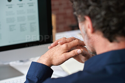 Buy stock photo Hands, computer and businessman at office with review, back and monitor for job at investment company. Mature person, financial advisor and pc with notes, documents and asset management at agency