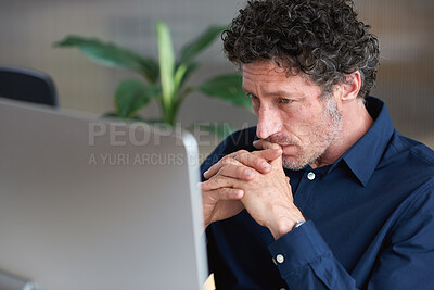 Buy stock photo Businessman, thinking and reading in office with computer, plan and research software for web design. Mature person, problem solving and digital designer with pc, site development and review project.