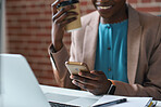 Business woman using smartphone texting on social media browsing messages on mobile phone holding coffee