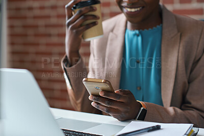 Buy stock photo Phone, hands and businesswoman in office for texting, networking or social media on mobile app. Technology, laptop and female employee with cellphone for online email for feedback on project.