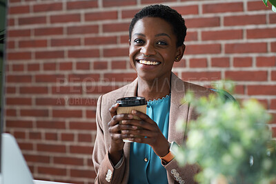 Buy stock photo Happy, portrait or black woman in office with coffee break, pride or ambition as investment advisor. Space, drink or financial consultant with work pause, experience or confidence in risk management.