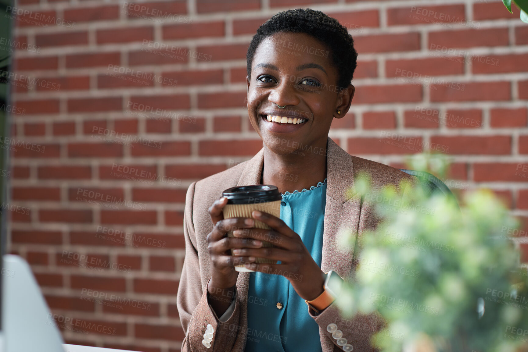Buy stock photo Happy, portrait or black woman in office with coffee break, pride or ambition as investment advisor. Space, drink or financial consultant with work pause, experience or confidence in risk management.