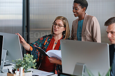 Buy stock photo People, discussion and document in office with computer, plan and research software for web design. Women, talk and paperwork in business with desktop, site development and collaboration for project.