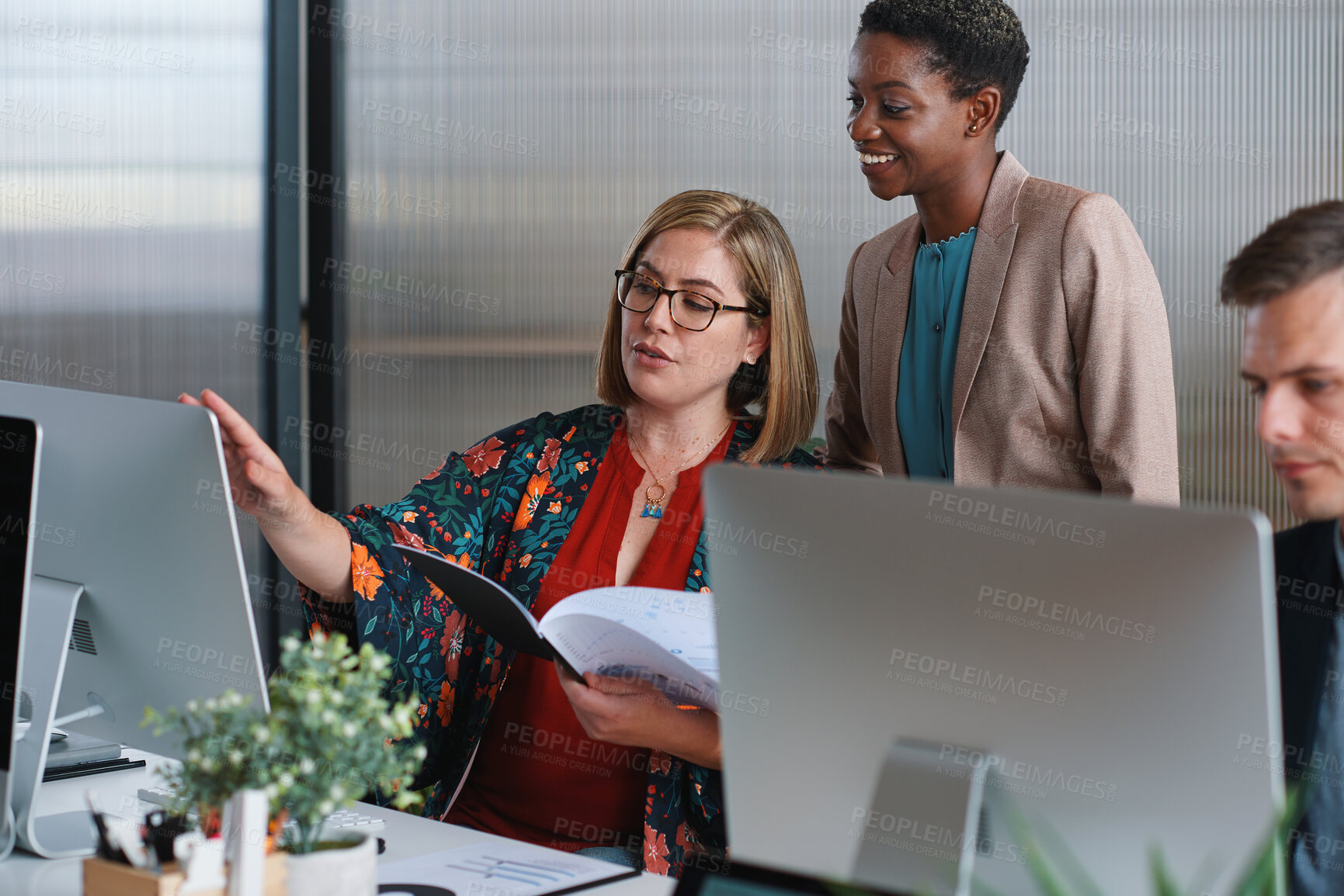 Buy stock photo People, discussion and document in office with computer, plan and research software for web design. Women, talk and paperwork in business with desktop, site development and collaboration for project.