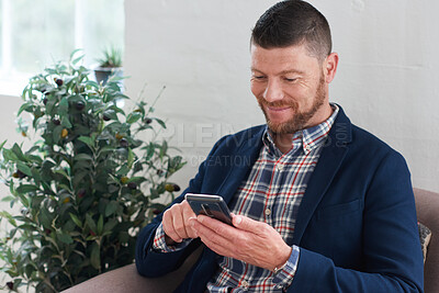 Buy stock photo Phone, happy or businessman in office for texting, networking or social media on mobile app. Technology, smile and mature employee with cellphone for online email for feedback on project in workplace