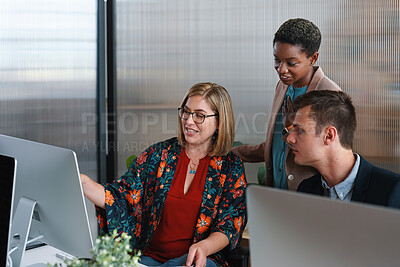 Buy stock photo People, discussion and review in office with computer, planning and check software for web design. Team, talk and paperwork in business with desktop, site development and collaboration for project.