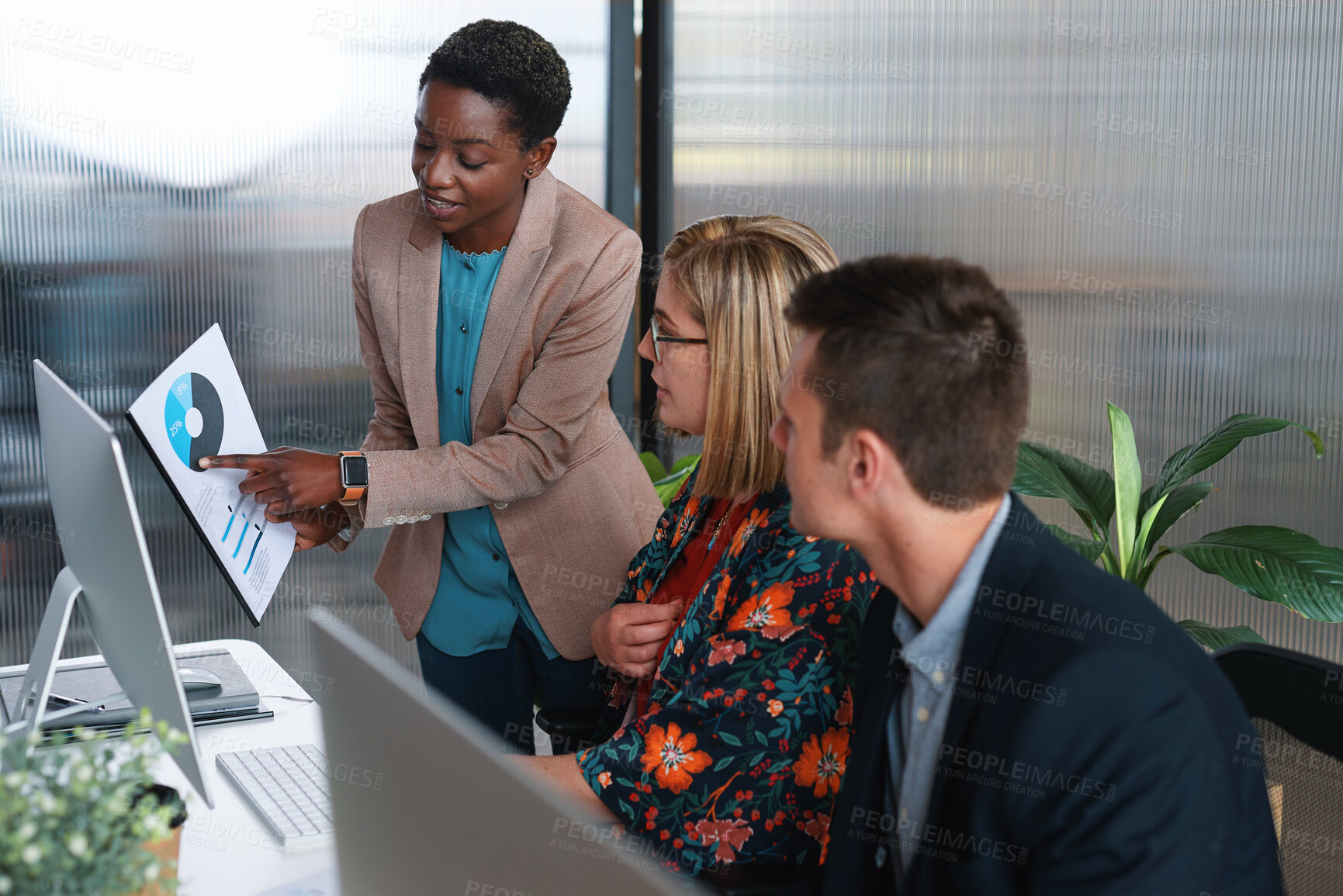 Buy stock photo Team, advice and manager with documents in office for SEO graphs, track user behavior or insight. Marketing agency, people and mentor with stats review for KPI data, competitor analysis or coworking