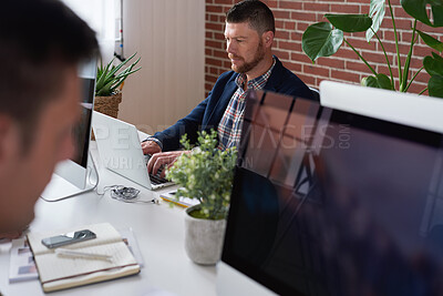 Buy stock photo Business, man and typing on laptop at agency for copywriting, editing newsletter or reporting. Tech, email marketer and research in coworking office for sales campaign, planning or project management