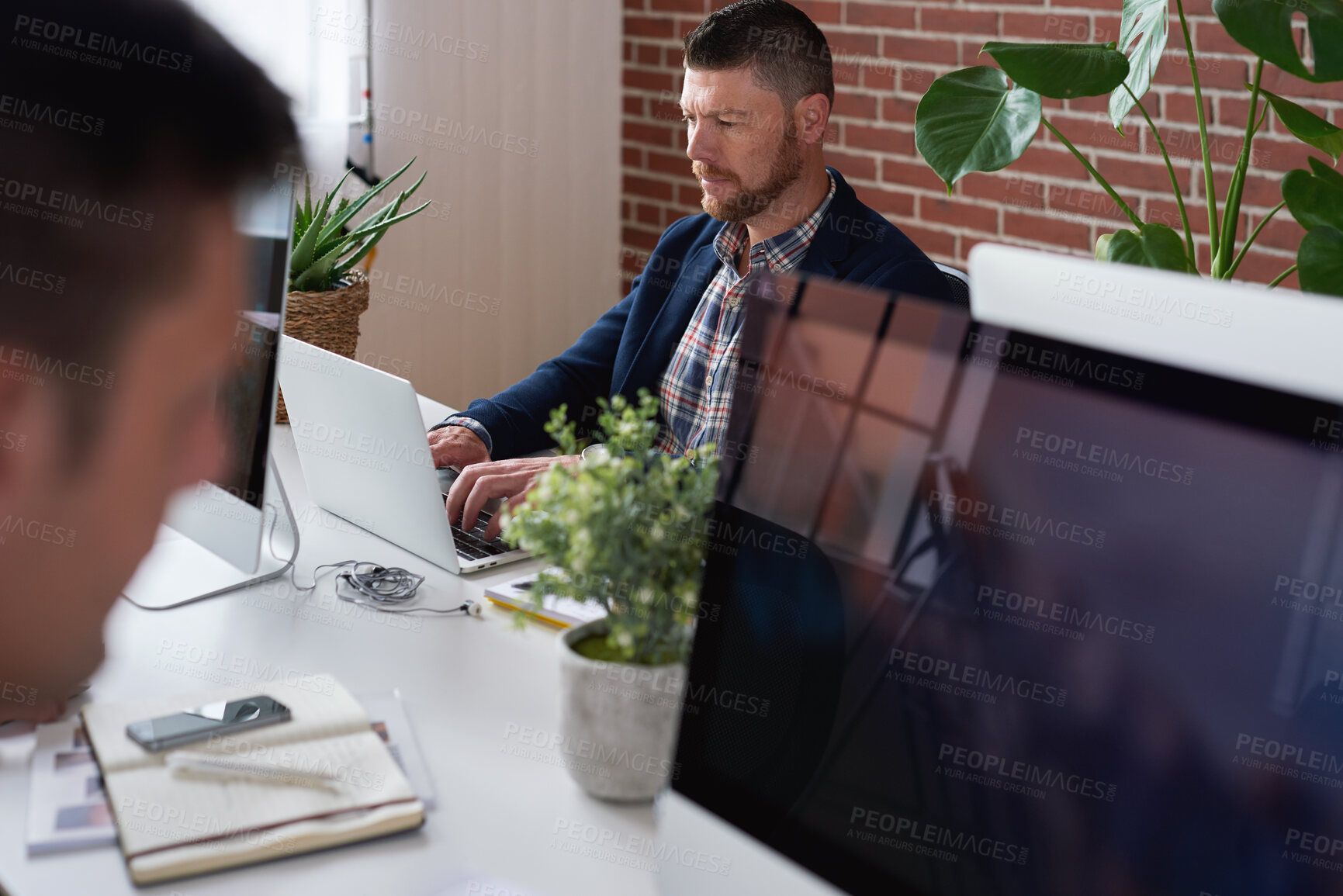 Buy stock photo Business, man and typing on laptop at agency for copywriting, editing newsletter or reporting. Tech, email marketer and research in coworking office for sales campaign, planning or project management