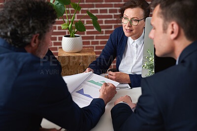 Buy stock photo Documents, discussion and team of business people in office for finance negotiation or report. Meeting, statistics and financial manager with clients for investment paperwork with graphs in workplace