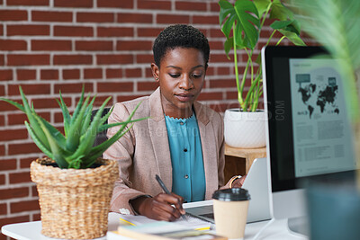 Buy stock photo Businesswoman, writing and notebook in office with laptop, planning or HR admin for global company. Black person, notes and diary in international agency with computer, human resources job or career.