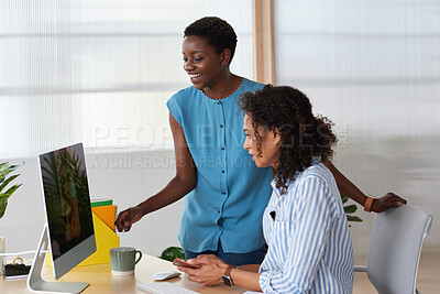 Buy stock photo People, talk and review in office with computer, creative insight and check project for publication. Happy, women and discussion in agency with desktop, magazine editor or collaboration for campaign.